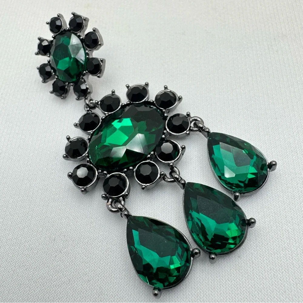 Emerald Green Crystal Chandelier Earrings Black Tone Statement Bold Goth
